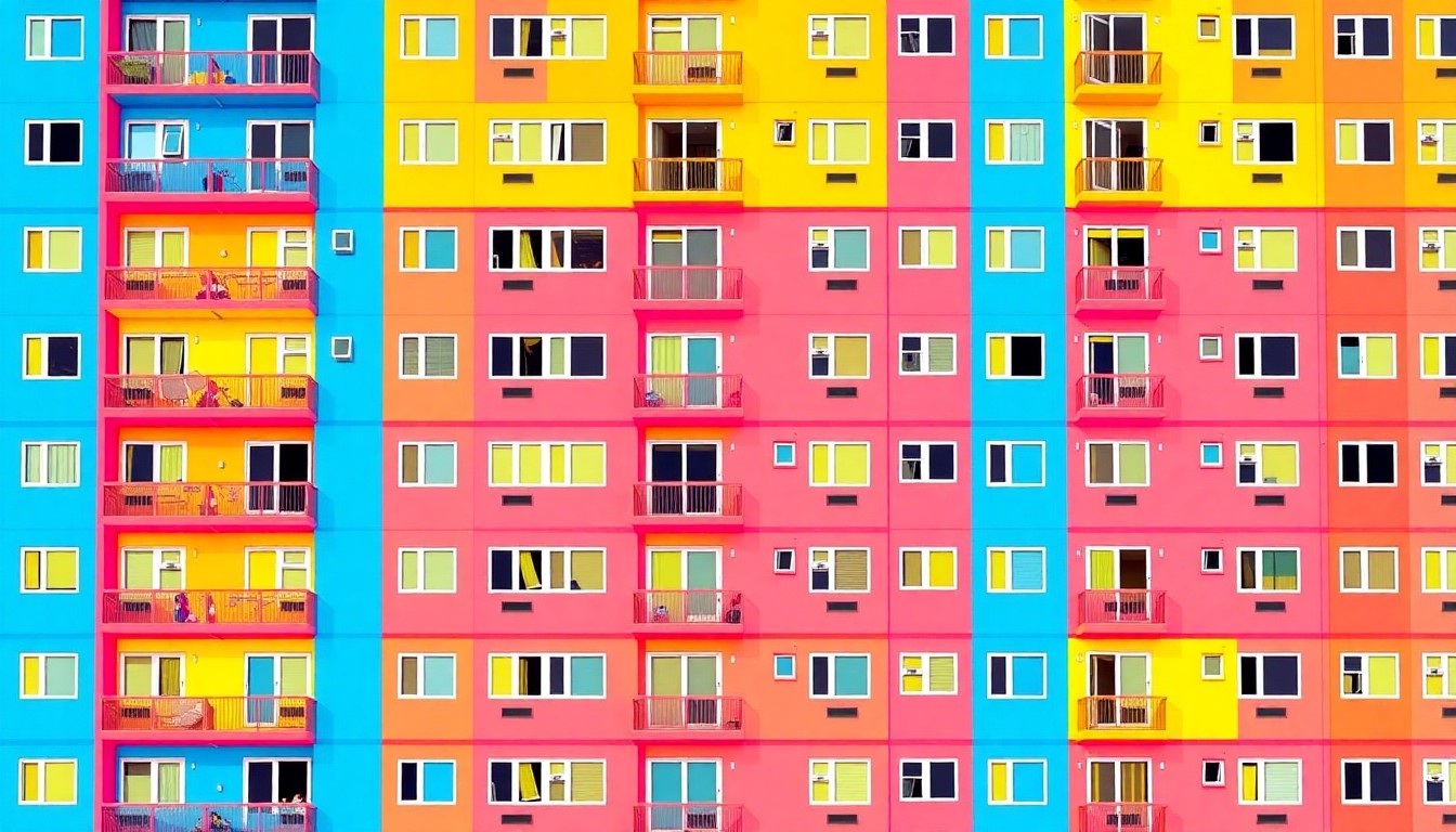 A brightly colored, high-contrast silkscreen print of a modern apartment building facade repeated in a tight grid pattern, using a vibrant neon color palette to conceptually represent the energy and optimism of a community redevelopment project.