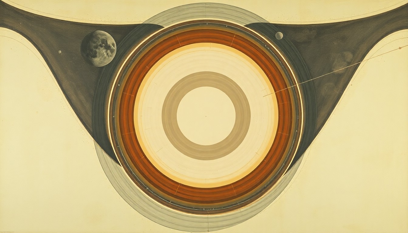 A highly structured abstract painting in soft, earthy tones, featuring sweeping geometric arcs, concentric circles, and precise botanical spirals, conceptually representing the complex forces and processes involved in the Artemis II spacecraft's return to Earth.