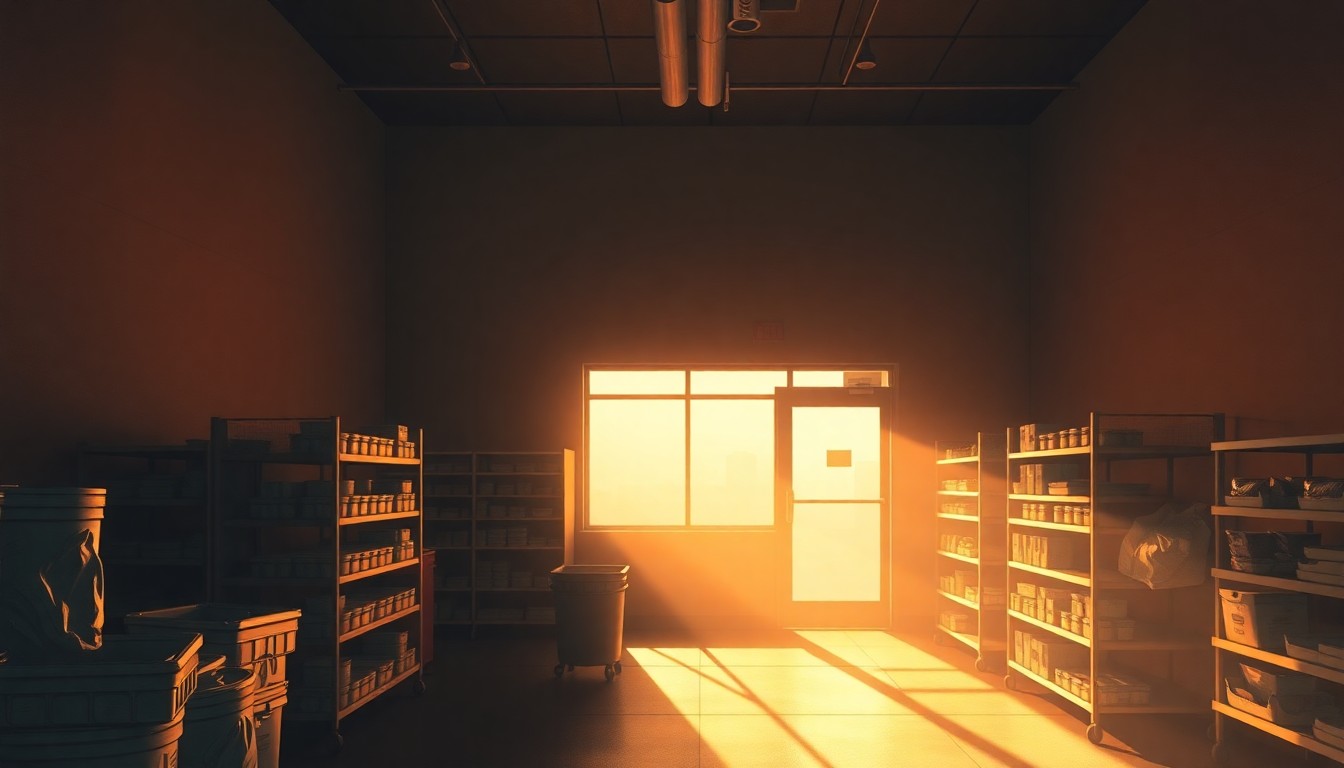 A dimly lit, cinematic painting of the interior of a community organization space, with sunlight streaming through the windows and casting long shadows across the room, conceptually representing the challenges faced by local groups during a difficult time.