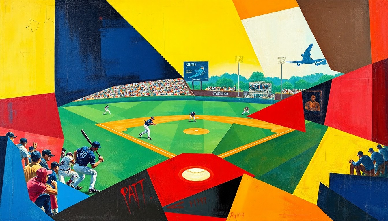 A cubist, geometric painting depicting a baseball or softball game, with the players, field, and action broken down into overlapping angular shapes and planes in a vibrant color palette.