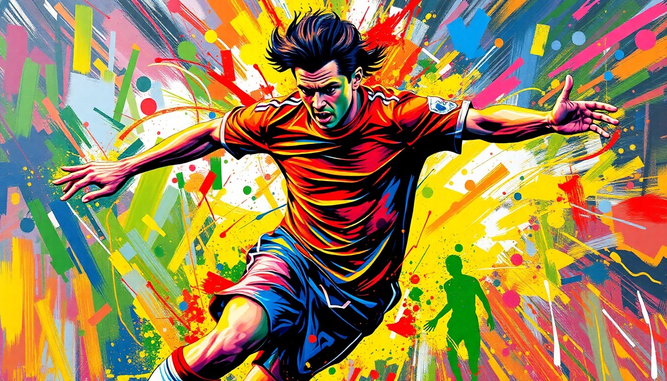 A dynamic, abstract painting in neon colors depicts the raw physicality and movement of a soccer player, with faces and details obscured by rapid brushstrokes, conveying the emotional impact of a devastating injury.