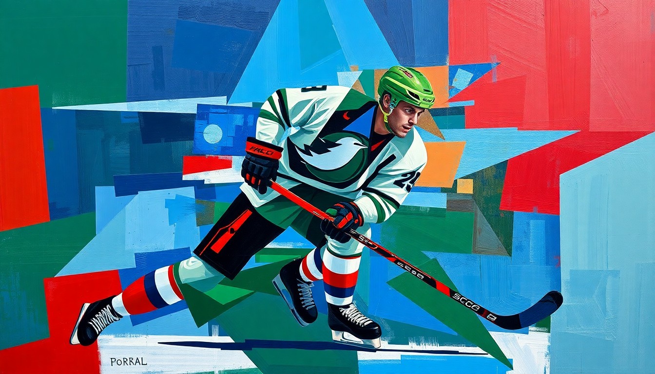 A fragmented, geometric painting depicting the angular, overlapping forms of a hockey player in motion, rendered in a bold color palette of blues, greens, and reds, conceptually representing the multifaceted talent Axel Lofgren will bring to the University of Minnesota hockey team.