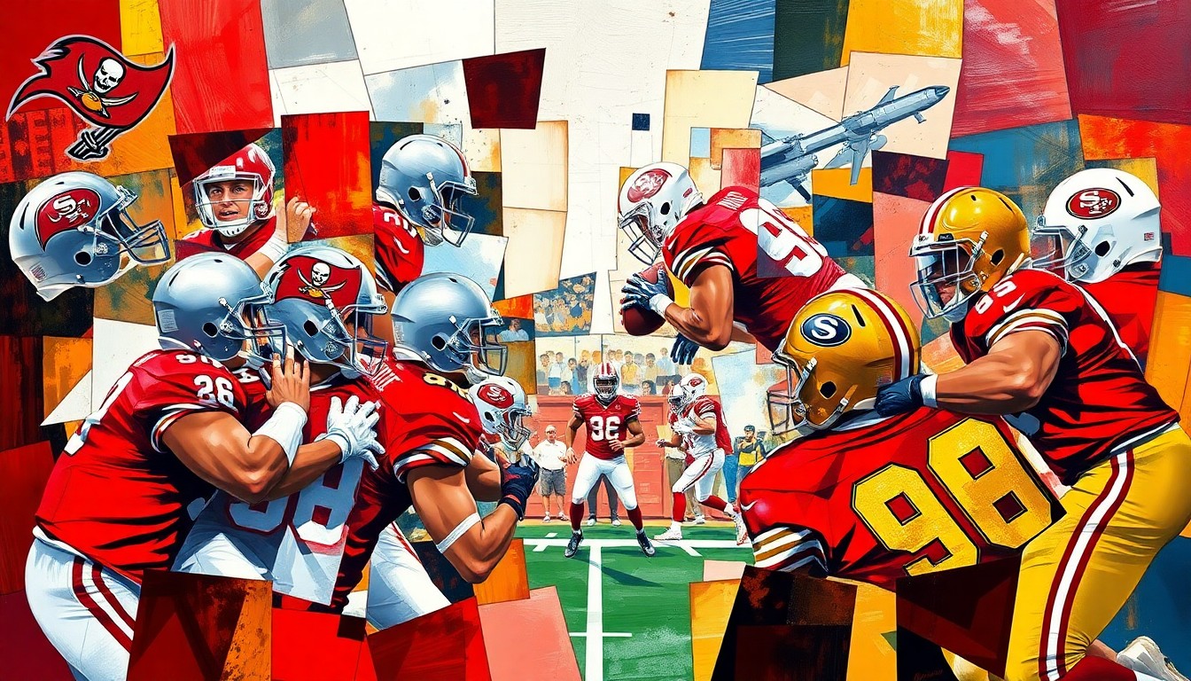 A cubist, geometric painting depicting overlapping planes of football players in action, with the vibrant colors of the Buccaneers' and 49ers' uniforms.