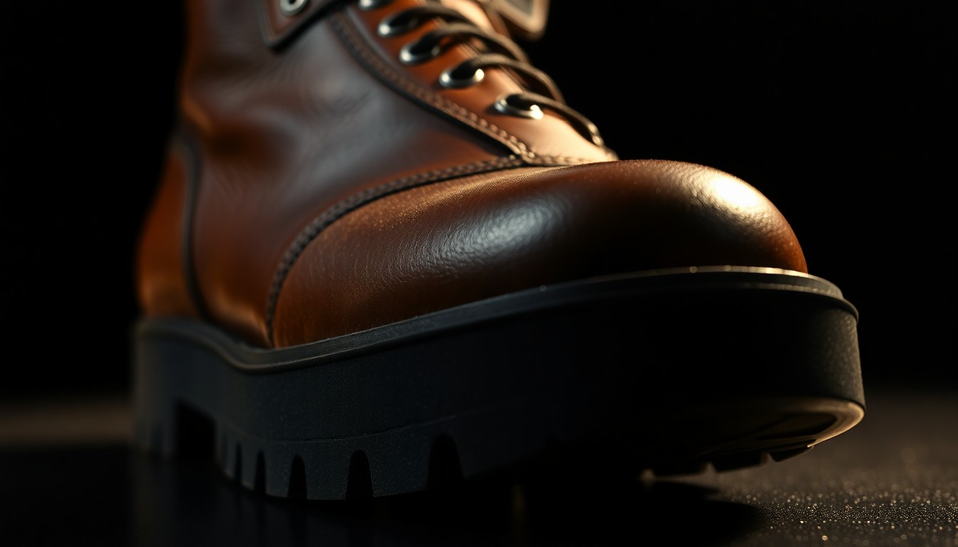 An extreme close-up photograph showcasing the luxurious leather and natural rubber textures of a Paraboot Michael shoe, captured in dramatic high-contrast studio lighting to create a glamorous, high-fashion aesthetic.