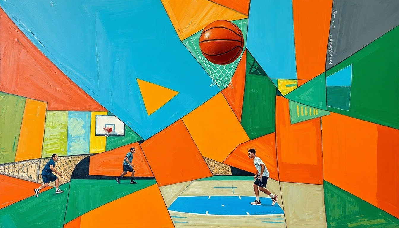 A cubist, geometric painting depicting a basketball game or practice, with sharp, overlapping planes of color representing the dynamic movements and perspectives of the sport.