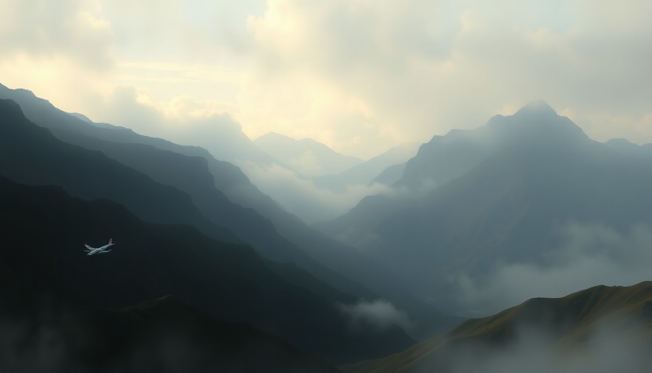 A sweeping, atmospheric landscape painting in muted tones of grey, blue, and green, depicting the rugged terrain of Catalina Island shrouded in fog. A small, barely visible aircraft can be seen in the distance, dwarfed by the island's dramatic cliffs and rolling hills.