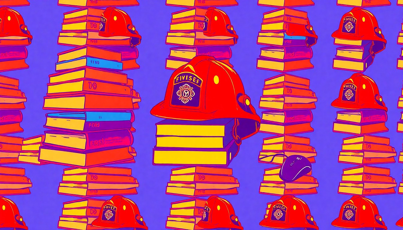 A brightly colored, high-contrast silkscreen print of a stack of books, a firefighter's helmet, and a computer mouse repeated in a tight grid pattern, representing the variety of community initiatives highlighted in Imperial County's March 2026 highlights.