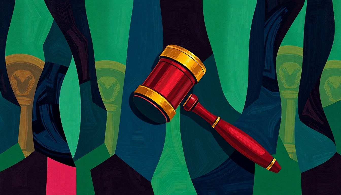 An abstract, fragmented painting featuring overlapping geometric shapes in shades of blue, green, and red, conceptually representing the divisive politics surrounding the influence of pro-Israel lobbying groups.