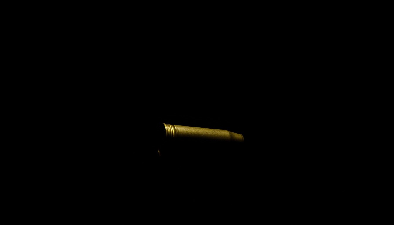 An extreme close-up of a spent shotgun shell casing reflecting a bright flash of light, conceptually illustrating the violence and tragedy of a law enforcement officer's death in the line of duty.