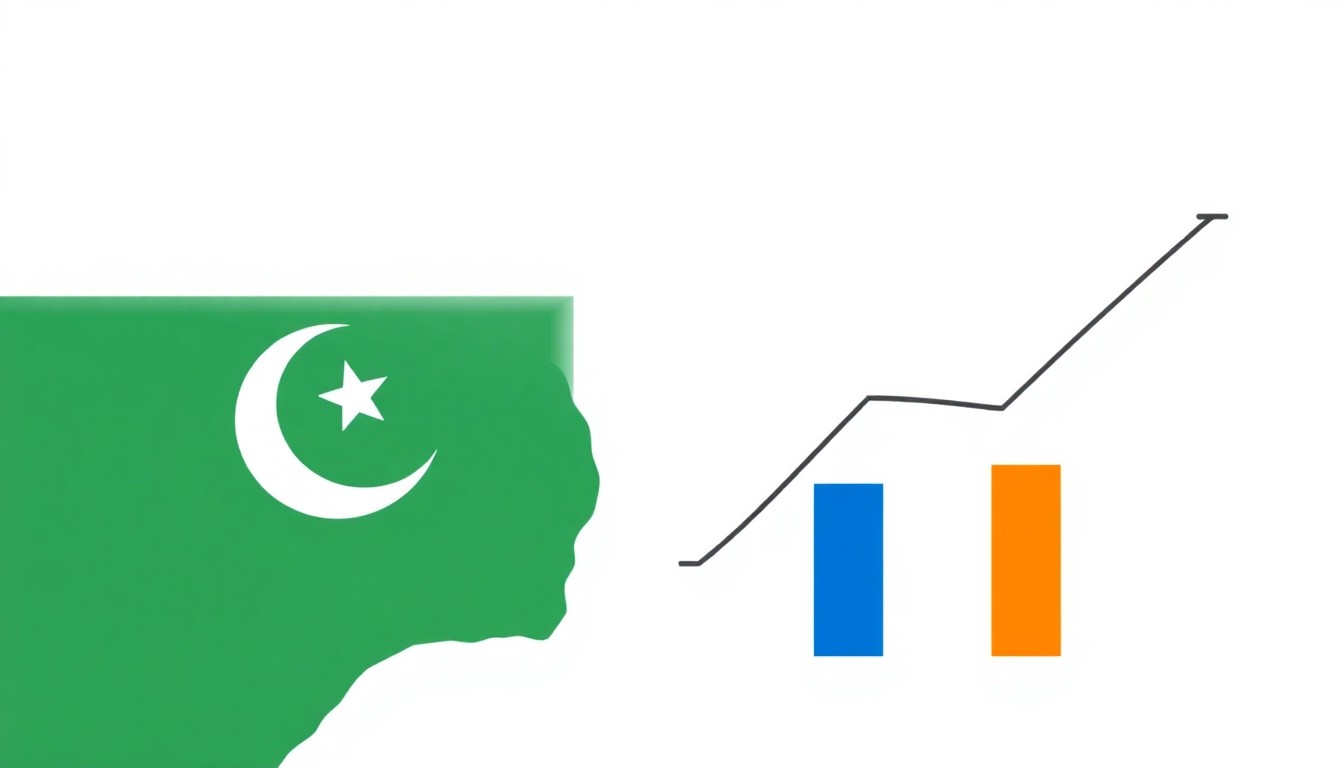 A minimalist composition of overlapping triangles and rectangles in shades of blue, red, and yellow, conceptually representing the complex economic challenges facing Pakistan.
