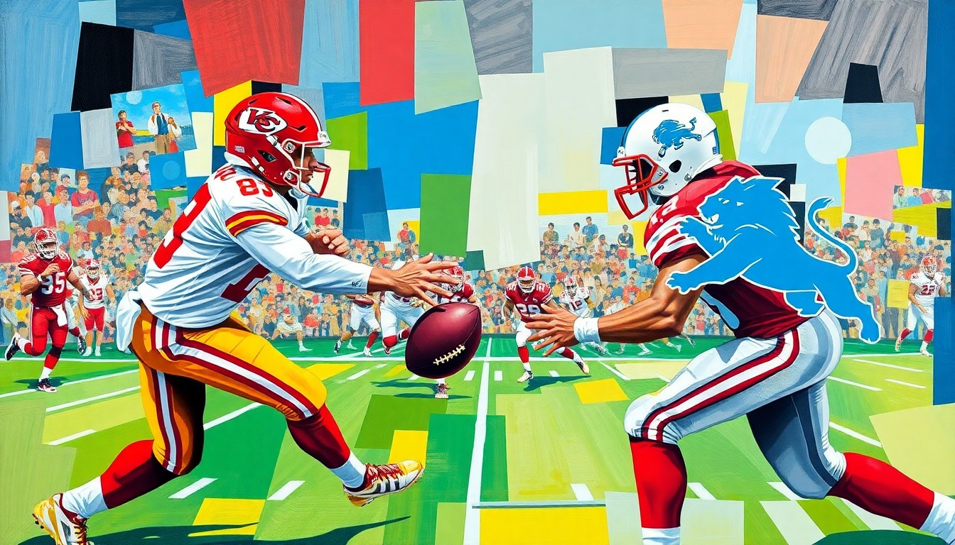 A cubist, geometric painting depicting a fragmented football game or match, with the bright red and gold of the Chiefs uniforms and the blue and silver of the Lions uniforms overlapping in sharp, angular planes.