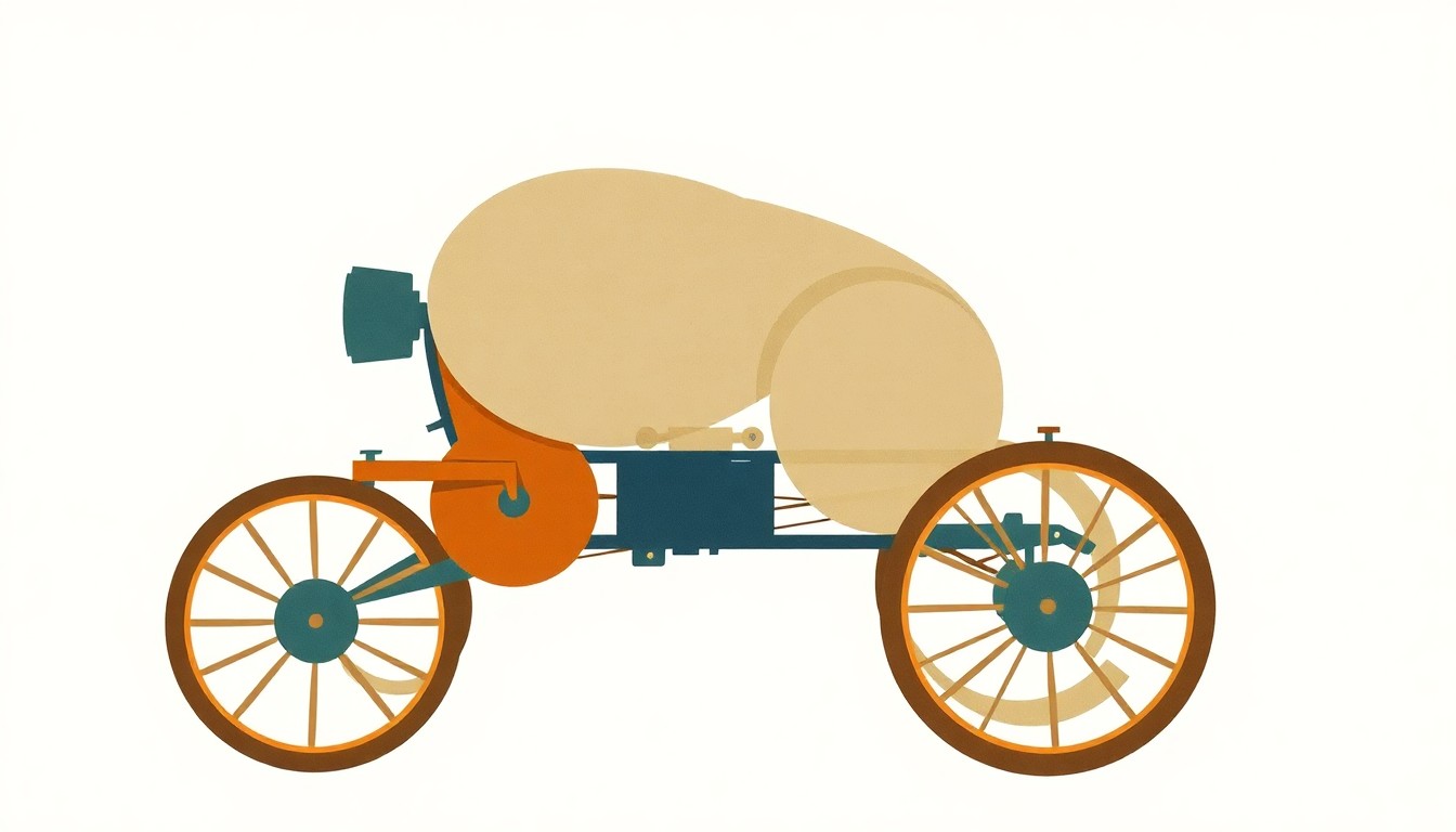 An abstract, geometric illustration in muted earth tones depicting the modular components and adaptable design of a transformable mobility cart system.