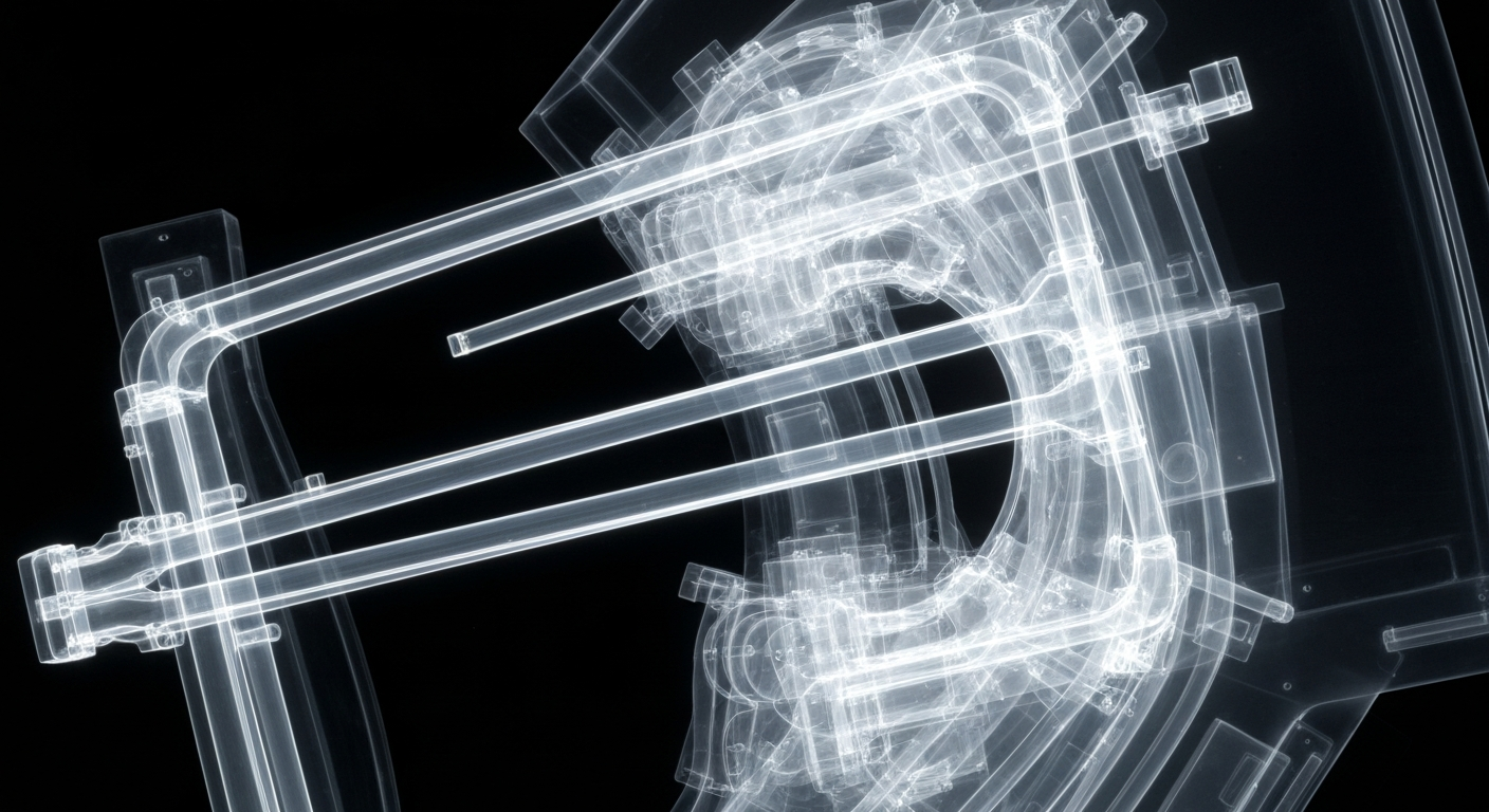 An extreme close-up X-ray photograph revealing the intricate internal structure of a cancer treatment device, conceptually illustrating the advanced medical technology within the new St. Charles Cancer Center.