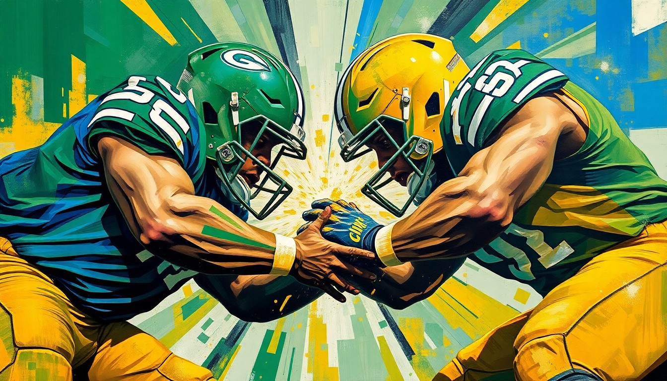 A fractured, multi-perspective painting featuring sharp, overlapping geometric planes in vibrant shades of green, blue, and gold, conceptually representing the explosive power and physicality of interior offensive linemen engaged in a fierce blocking battle.