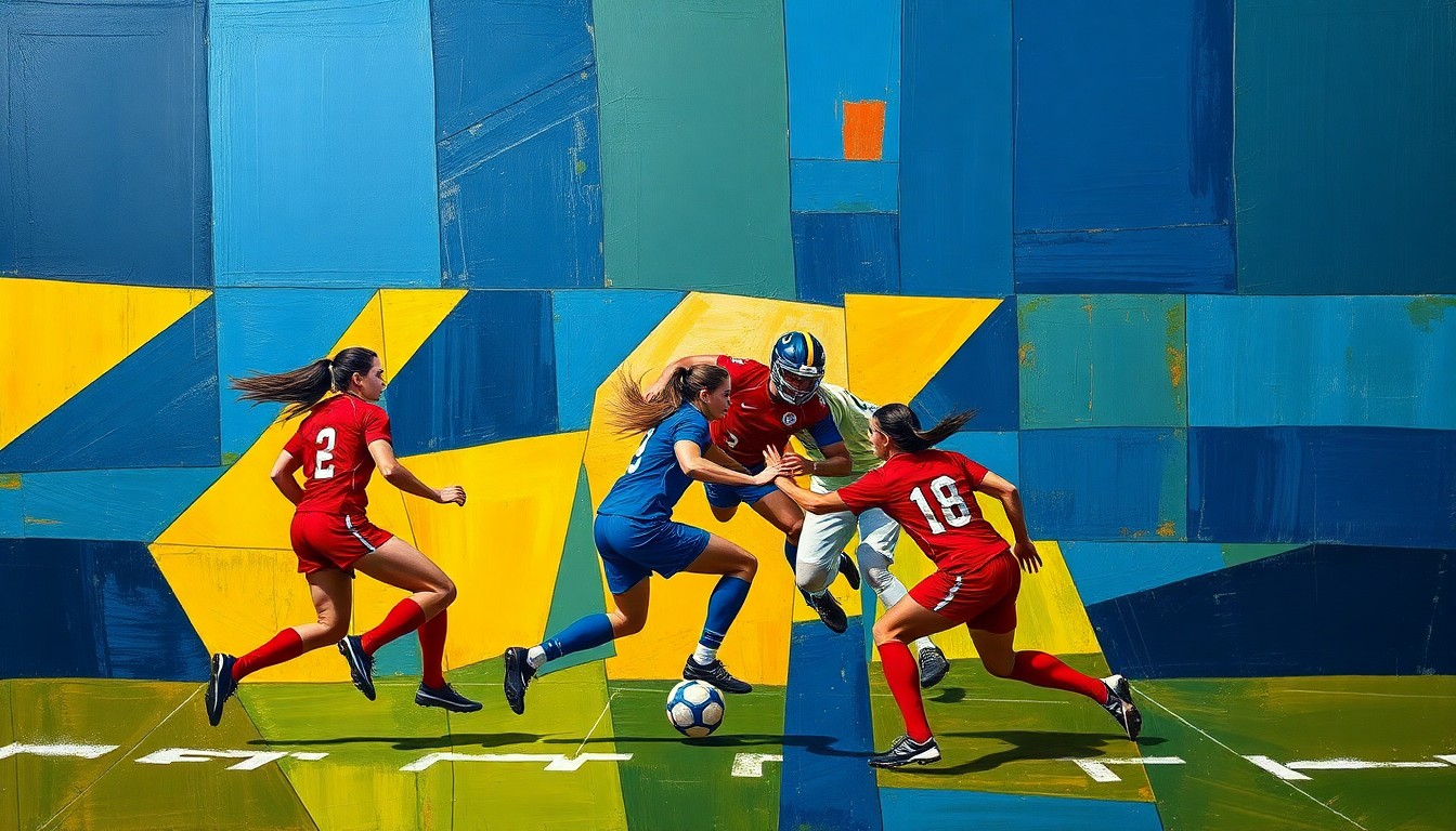 A fragmented, geometric painting in bold colors depicting the dynamic action of a women's flag football game, conveying the sport's rising popularity at the collegiate level.