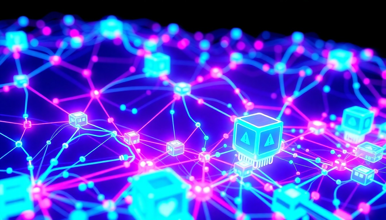 A highly detailed, glowing 3D illustration of a complex network of interconnected digital infrastructure elements in shades of neon cyan and magenta, conceptually representing the convergence of climate data, risk modeling, and technology solutions to address the impacts of climate change.