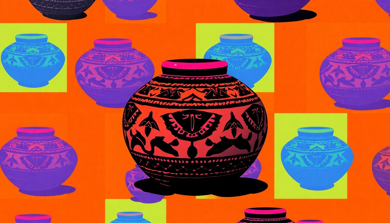 A brightly colored, high-contrast silkscreen print of a single, iconic Native American art object such as a pottery vessel, woven basket, or beaded necklace repeated in a tight grid pattern, conceptually representing the honoring of Indigenous art and culture through an educational scholarship.