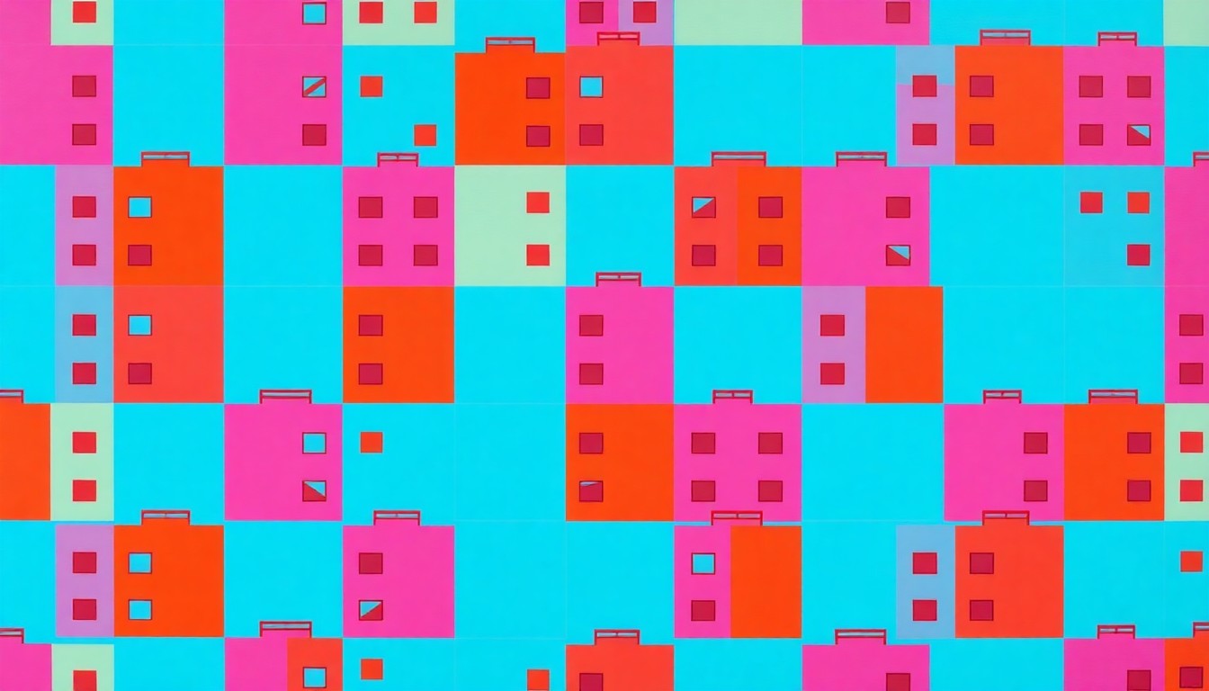A repeating grid pattern of a simple, stylized apartment building icon rendered in bright, neon-like colors, conceptually representing the Hilltop Apartments affordable housing development.