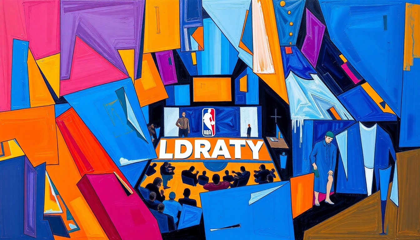 A fractured, cubist-style painting depicting an abstract NBA draft lottery scene, with sharp geometric shapes and planes in vibrant colors like blue, orange, and purple, conveying a sense of chaos and controversy around the lottery process.