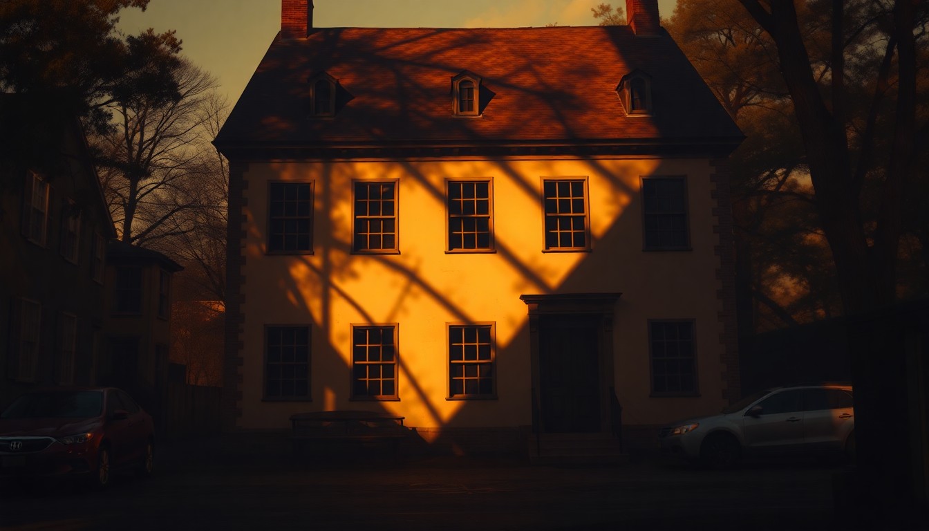A nostalgic, cinematic painting of an old colonial-era building in Halifax, North Carolina, with warm sunlight and deep shadows, conveying the historical significance of the Halifax Resolves declaration.