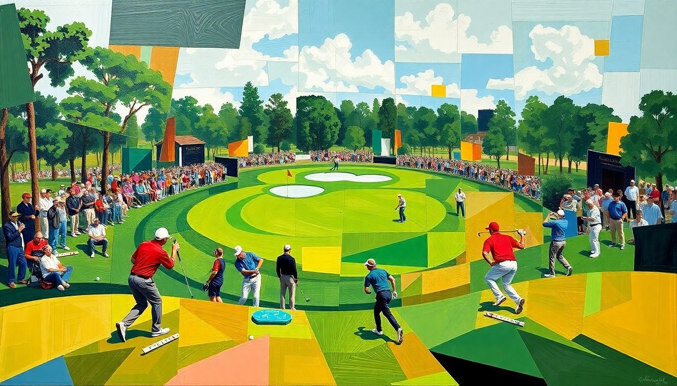 A fractured, geometric painting in shades of green, brown, and blue, depicting the motion and energy of a golf tournament, with no identifiable players or course features.