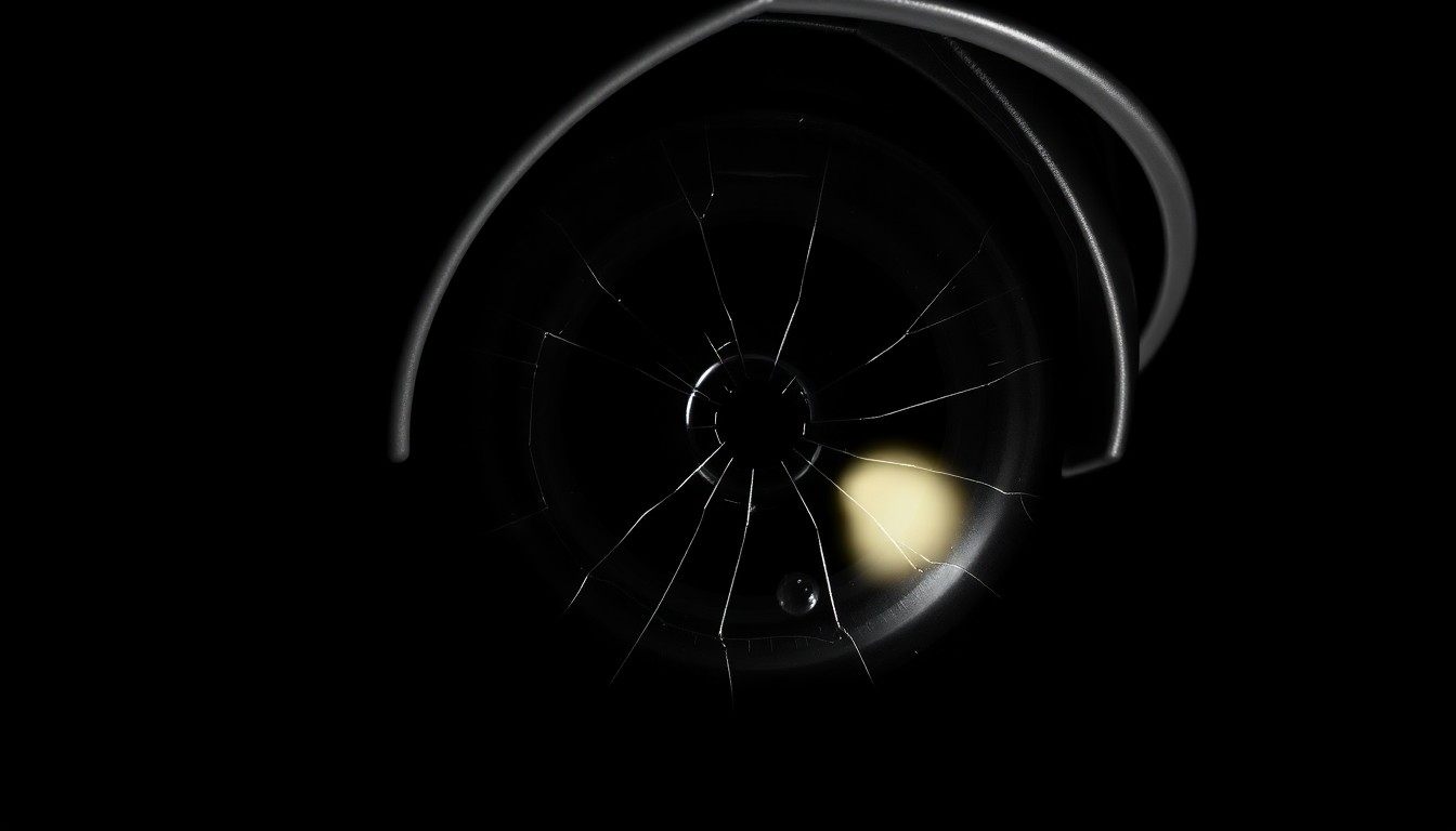 An extreme close-up of a damaged security camera lens against a dark background, conveying the investigation into the city's surveillance system.