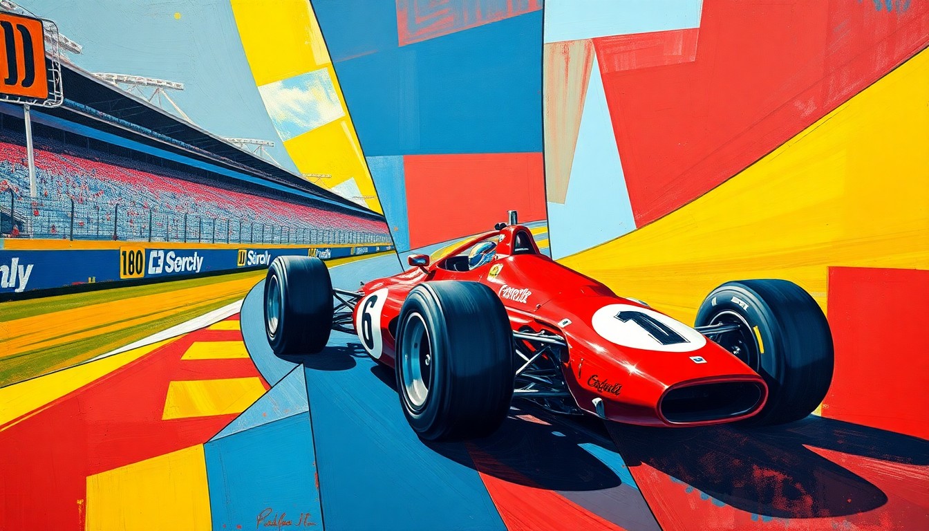 A fragmented, geometric painting depicting a Formula 2 race car and the Indianapolis Motor Speedway track, rendered in a cubist style with bold, overlapping planes of color.