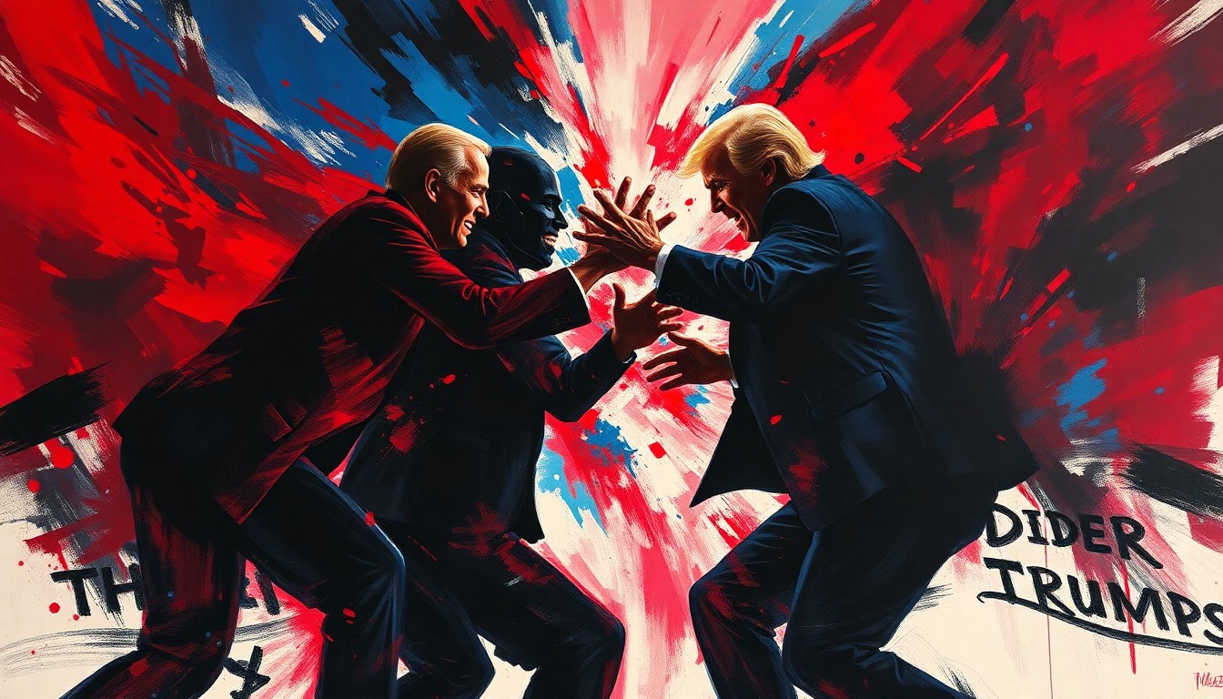 A dynamic, abstract painting featuring overlapping, fractured figures in shades of red, blue, and black, conveying a sense of high-energy political conflict without any text or identifiable individuals.