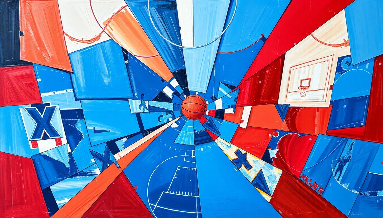 A cubist, geometric painting depicting a fragmented basketball game, with sharp planes of Xavier blue and St. John's red colliding in an abstract composition.