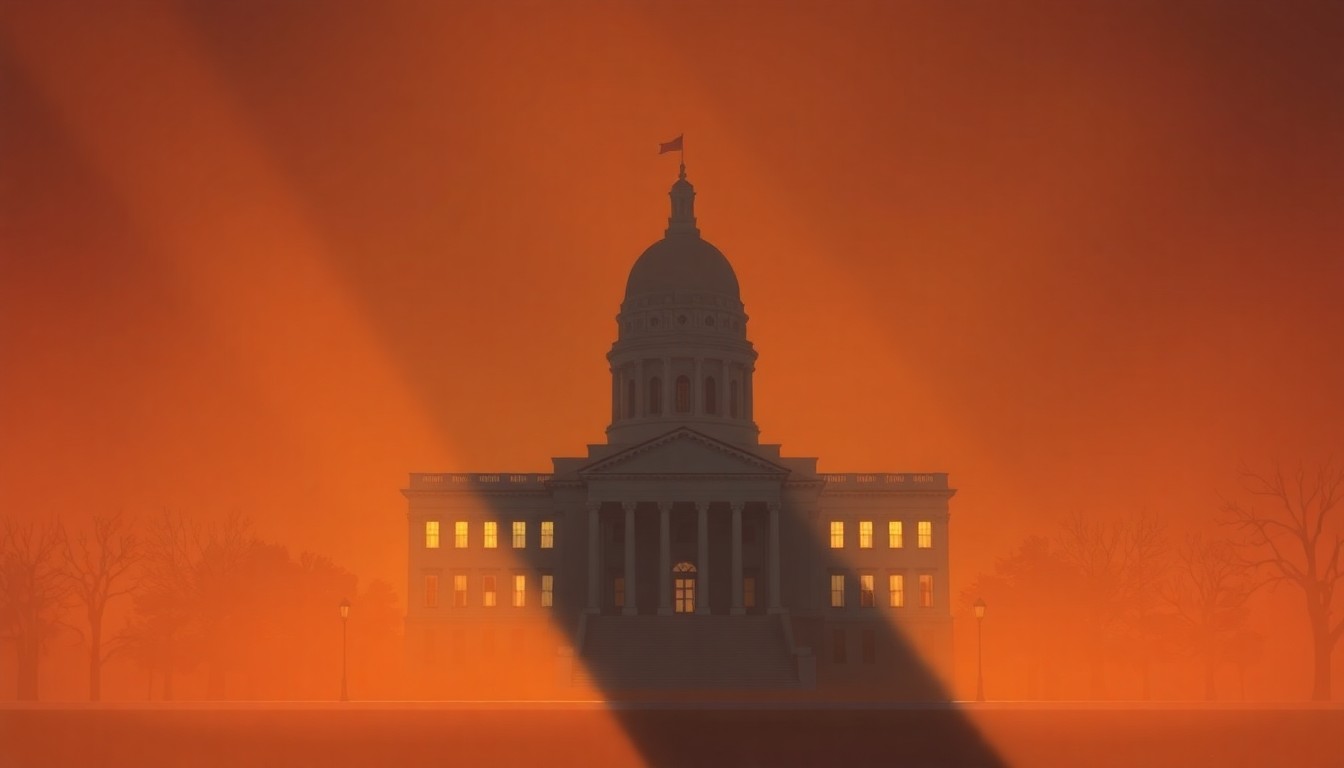 A serene, painterly image of a state capitol building in warm, golden light, conveying a sense of governmental stability and deliberation.