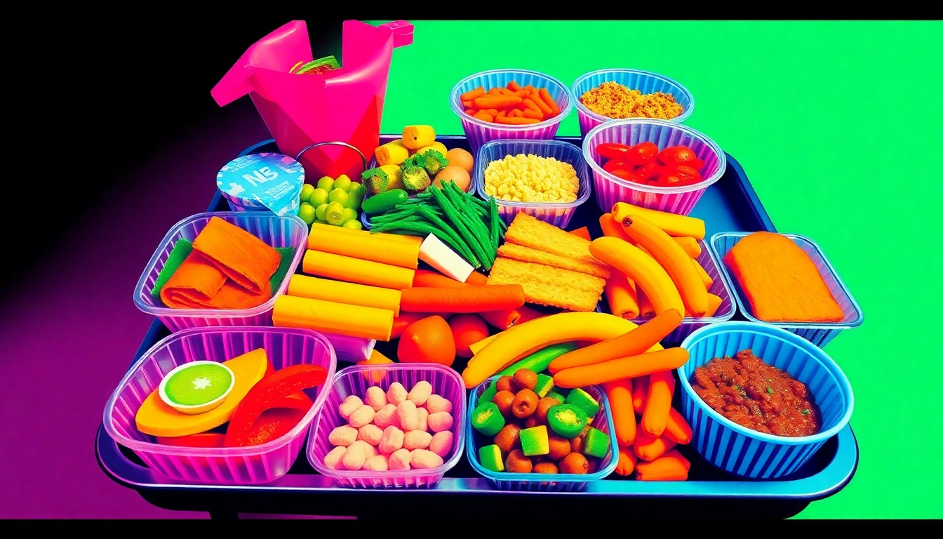 A brightly colored, high-contrast silkscreen print of a Navy mess hall tray with a variety of healthy, colorful food items arranged in a tight grid pattern, conceptually representing the Navy's commitment to improving the quality of its food service operations.