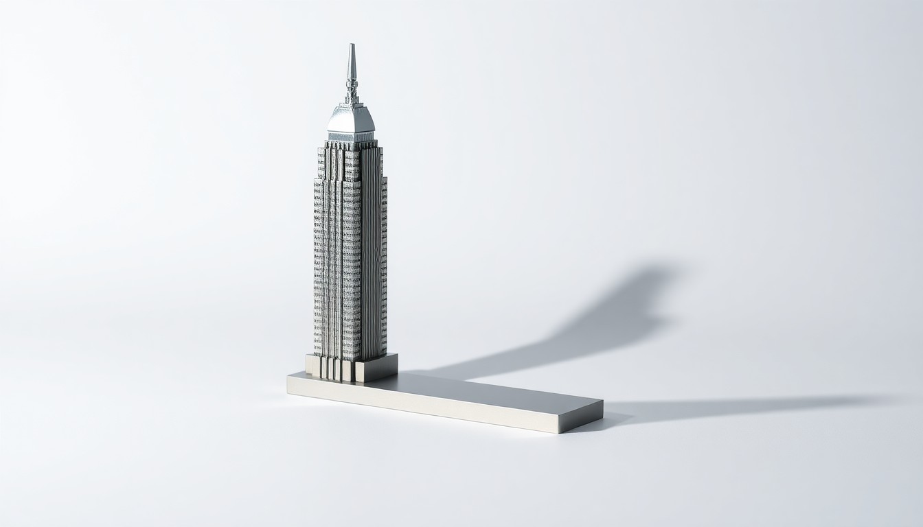 A close-up photograph of a polished metal paperweight or bookend in the shape of a miniature skyscraper, resting on a clean, monochromatic background and dramatically lit to represent the complex machinery behind institutional investment decisions.
