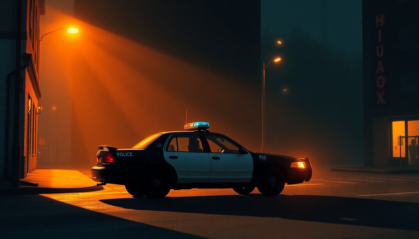A moody, cinematic painting of a lone police vehicle parked on a dimly lit urban street, with warm sunlight and deep shadows creating a somber, contemplative mood.