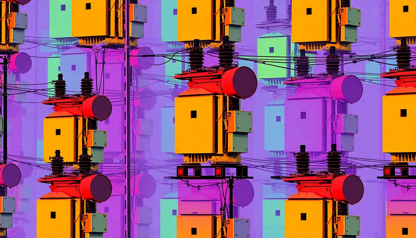 A bold, colorful silkscreen-style illustration featuring a repeated pattern of an electrical substation transformer in bright neon hues, conceptually representing the expansion of critical utility infrastructure in a growing city.