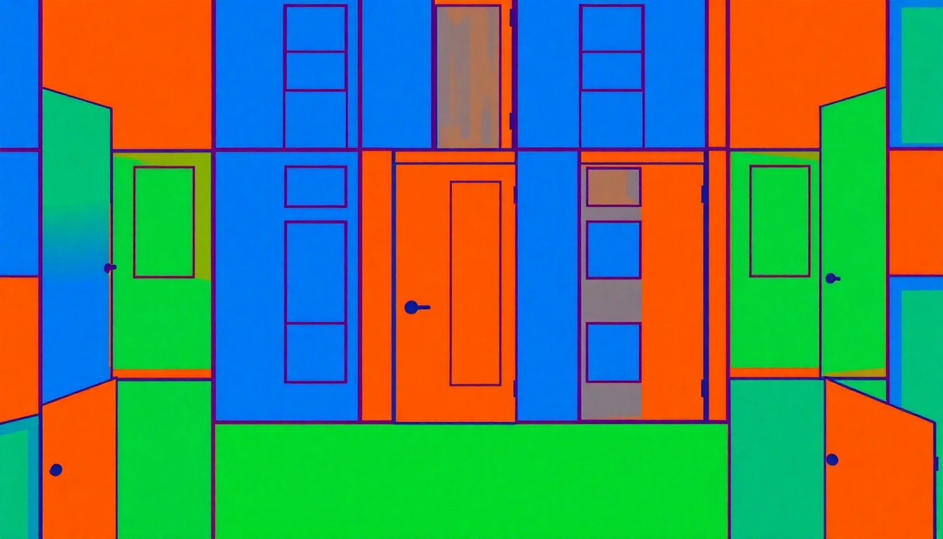 A bold, colorful silkscreen-style illustration featuring a repeating pattern of a stylized dorm room door in shades of blue, green, and orange, capturing the energy and excitement of new student housing on a college campus.