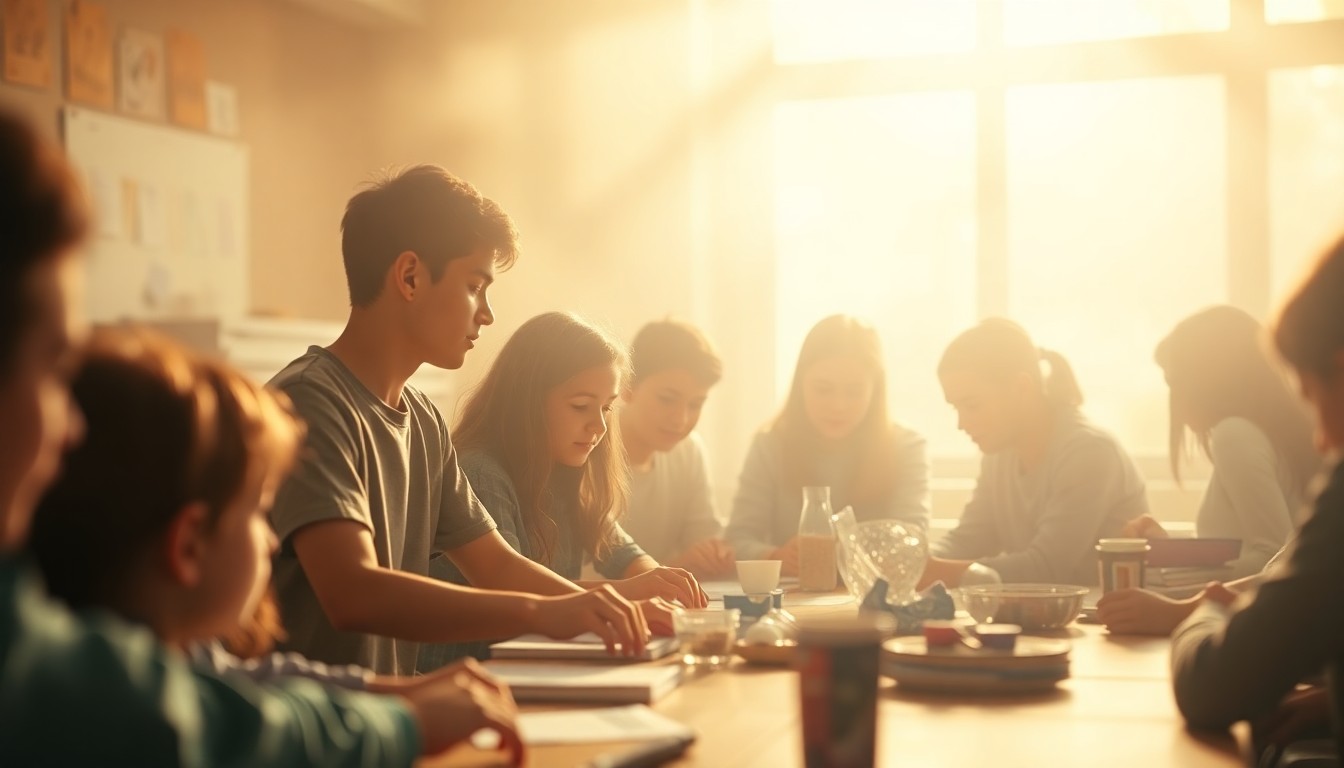 An abstract, out-of-focus photograph showing a group of young people gathered around a table, engaged in conversation and activities, with a warm, dreamlike quality to the lighting and composition.