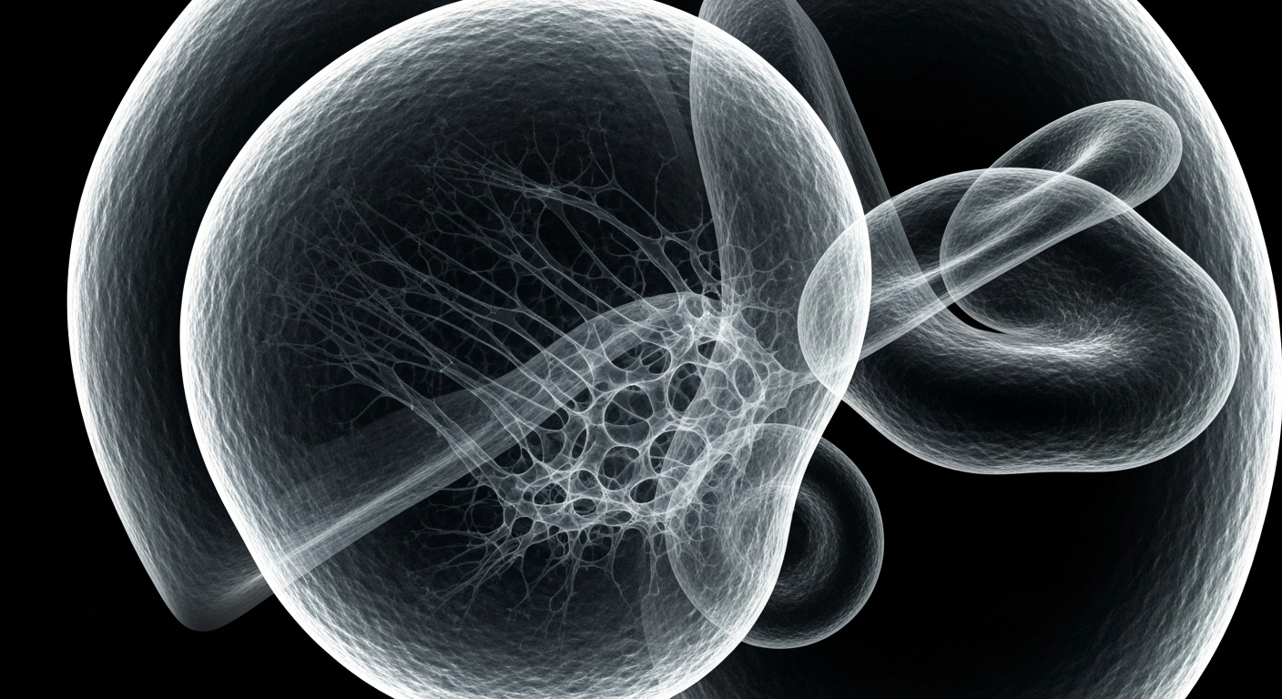 A highly detailed, translucent X-ray photograph revealing the complex internal structure of a human blood cell or clotting factor molecule, conceptually representing the advancements in Hemophilia B therapies.