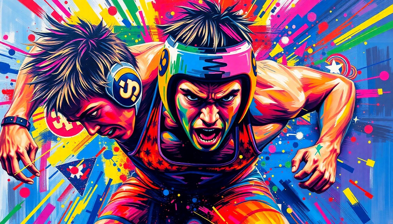 An abstract, energetic painting with bold, sweeping brushstrokes in neon colors, conceptually representing the raw athleticism and competitive spirit of a high school wrestler.