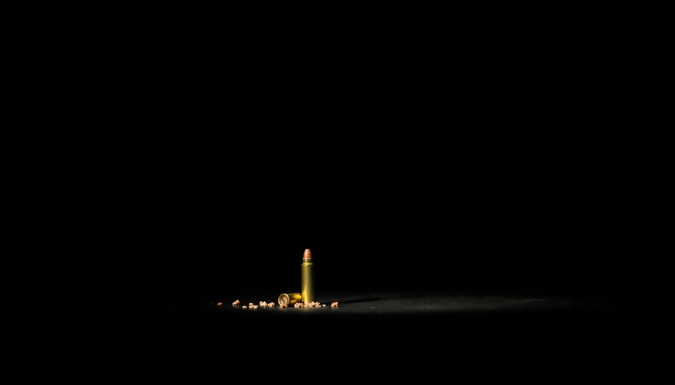 An extreme close-up photograph of a bullet casing, its metallic surface reflecting the harsh light of the camera flash against a pitch-black background, conceptually illustrating the violent and sudden nature of the crime that left Kishan Patel with life-altering injuries.