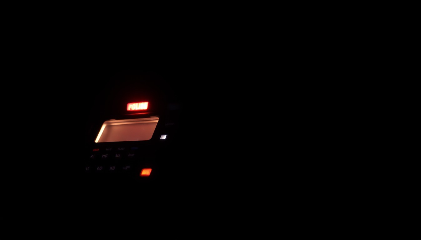 An extreme close-up photograph of a police radio or other law enforcement equipment, lit by a harsh, direct camera flash against a pitch-black background, creating a stark, gritty, investigative aesthetic that conceptually illustrates the tense law enforcement response to the ongoing incident near Porterville schools.