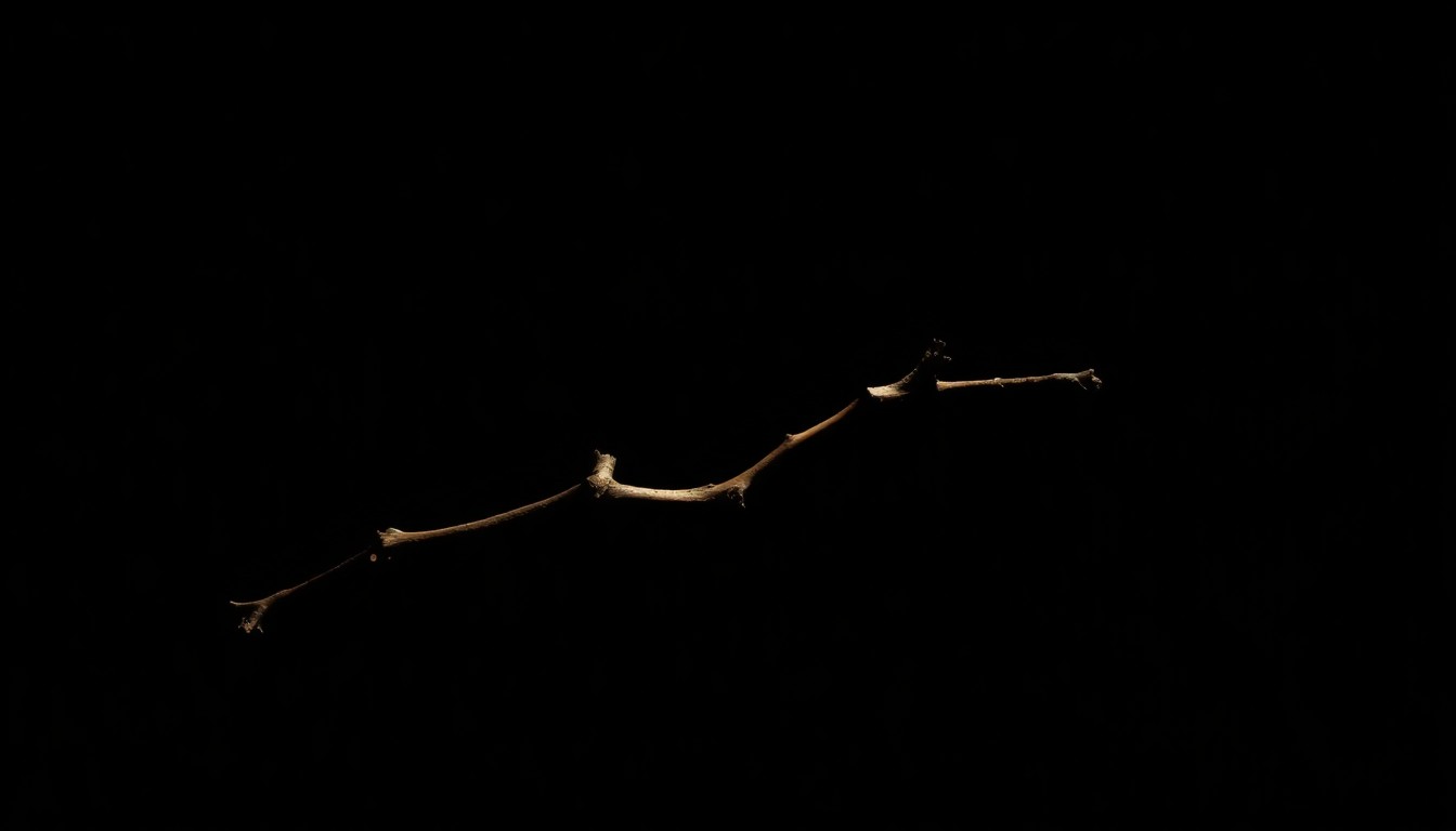 An extreme close-up photograph of a broken twig or small branch, lit by a harsh, direct camera flash against a pitch-black background, conceptually representing the gritty, investigative nature of this crime story.
