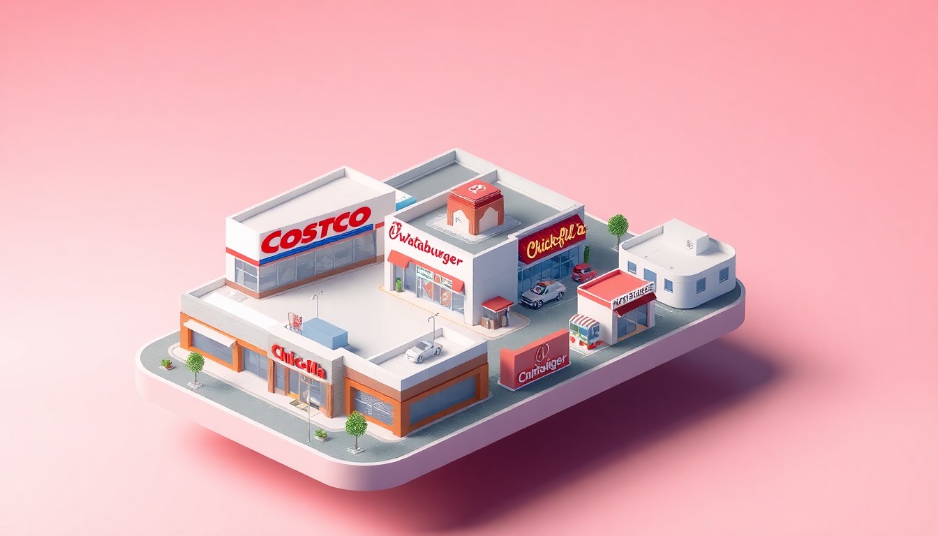 A stylized 3D digital illustration depicting a miniature business environment with a Costco store, Chick-fil-A, Whataburger, and residential buildings, representing the new Mountain Marketplace development in Stone Mountain, Georgia.