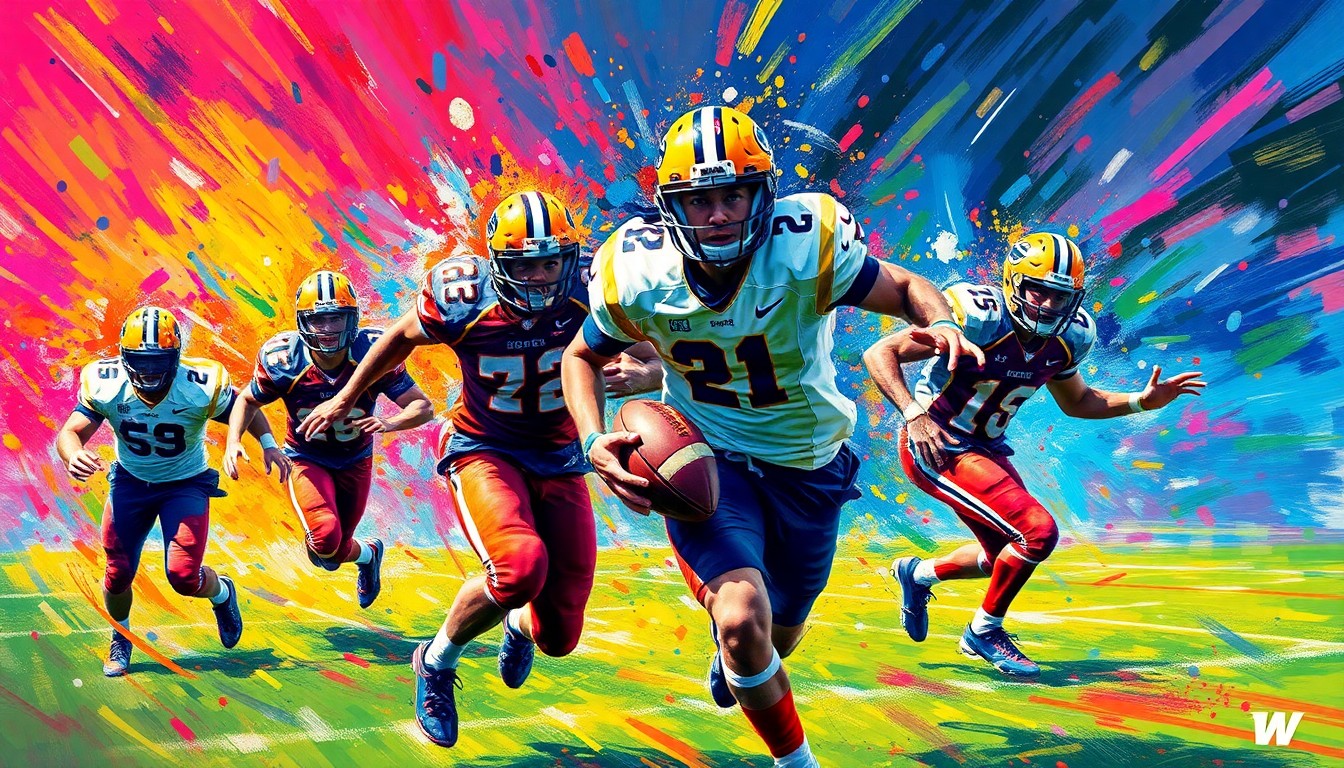 An abstract, expressionist painting in vibrant neon colors depicting the dynamic movement and energy of a flag football game, with players' forms dissolving into splashes of paint.