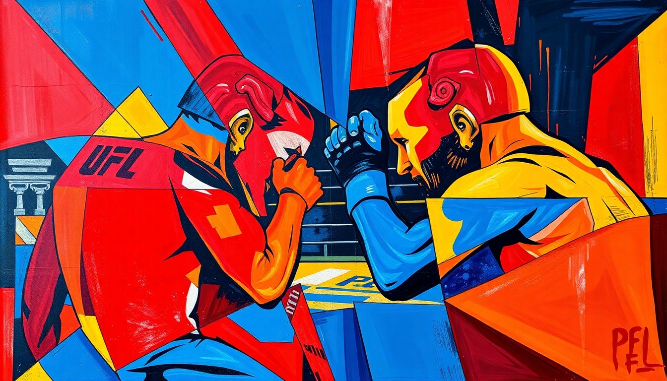 A fragmented, geometric painting in bold primary colors depicting an abstract MMA match, capturing the raw energy and competition of the PFL event.
