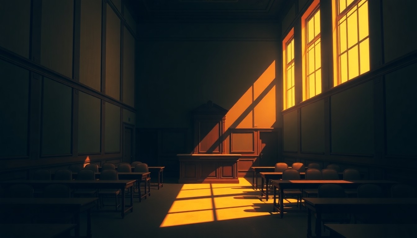 A serene, cinematic painting of an empty New York City Housing Court courtroom, with warm sunlight streaming through the windows and deep shadows cast across the room, conveying a sense of quiet contemplation and the need for reform.