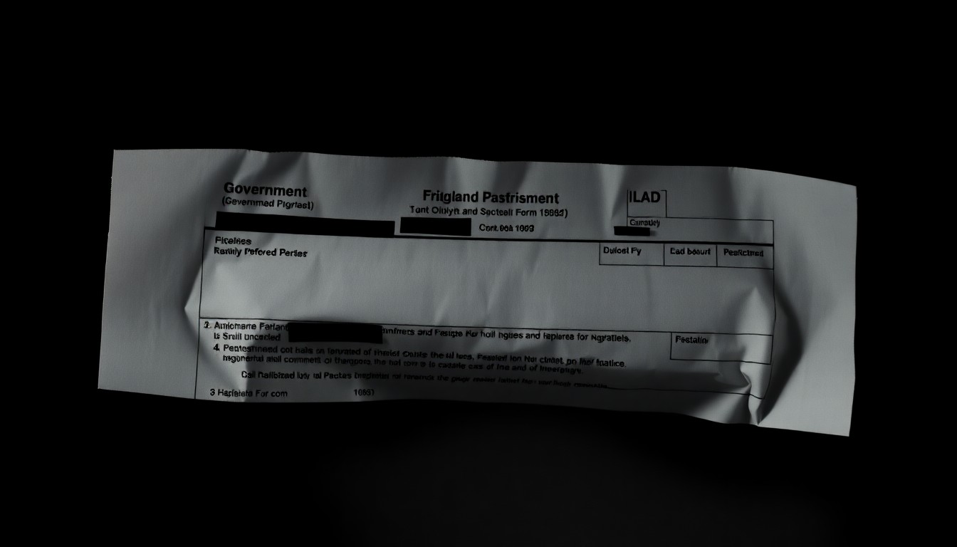 An extreme close-up of a crumpled, redacted government form or fraudulent financial document, conceptually illustrating the harsh reality of pandemic relief scams.