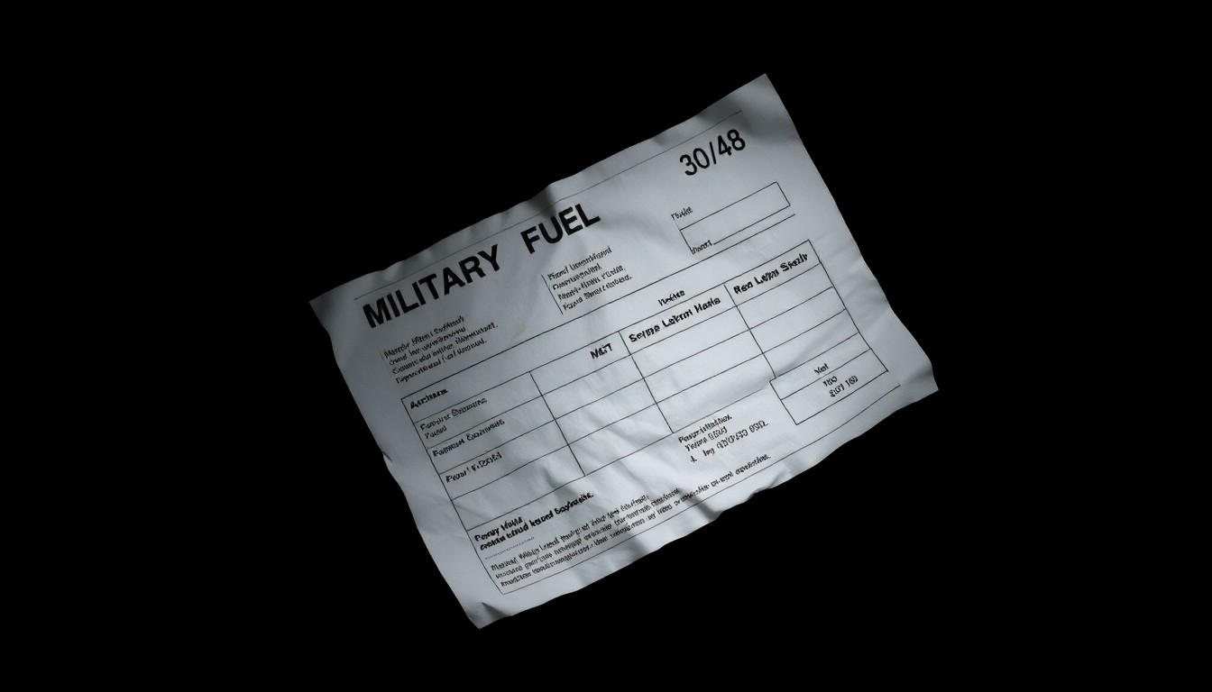 An extreme close-up photograph of a crumpled, forged military fuel invoice, the harsh flash illuminating the textured paper and creating a stark, gritty aesthetic that conceptually represents the investigative nature of this white-collar crime case.