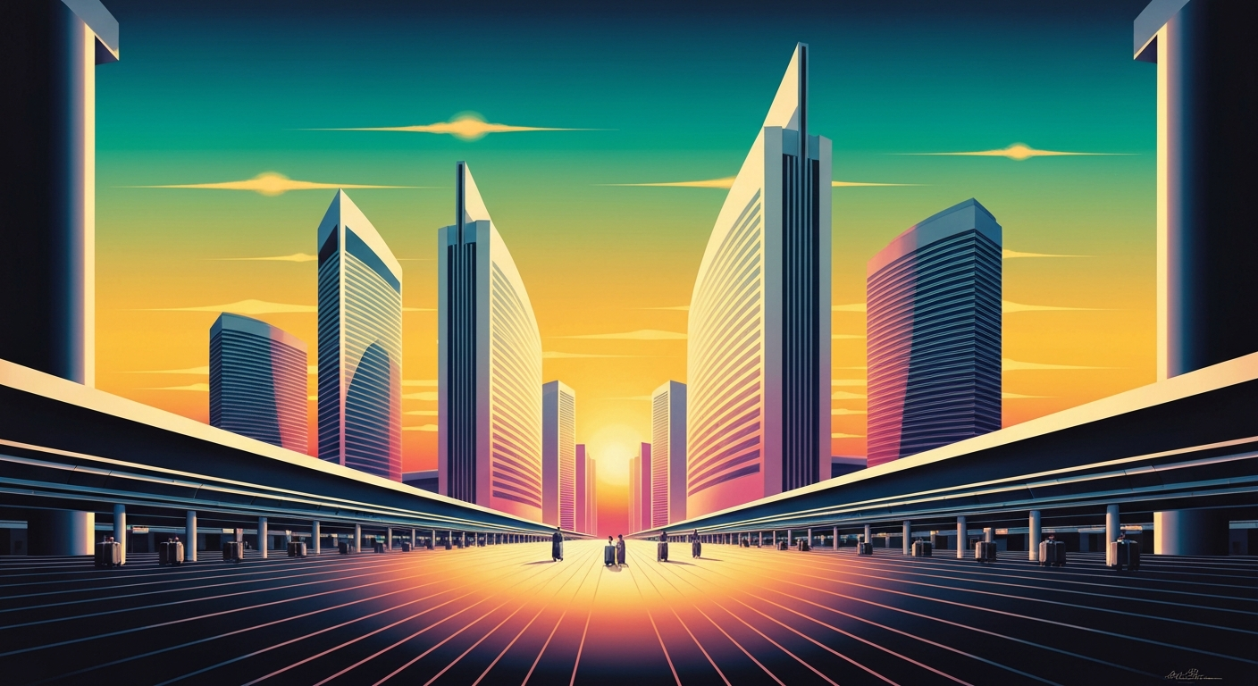 A highly stylized, geometric illustration depicting the grand scale and uncertainty of international travel during a time of conflict, with sweeping airbrushed gradients and towering forced perspectives of an airport terminal or hotel, conveying the emotional tension and challenges faced by the travelers.