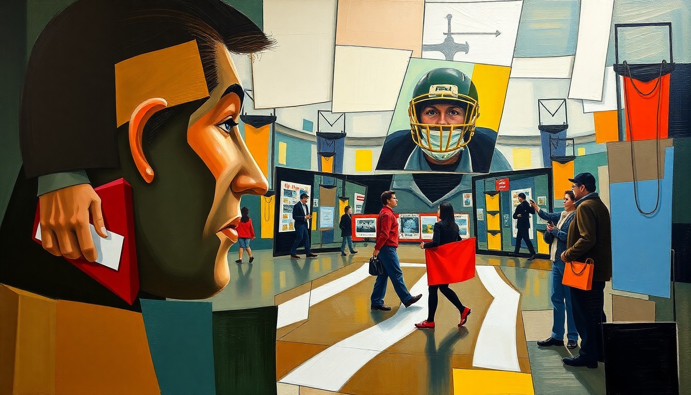 A cubist, geometric painting in shades of blue, green, and orange, depicting an abstract, fragmented scene related to a sports news story, without any recognizable faces or identities.