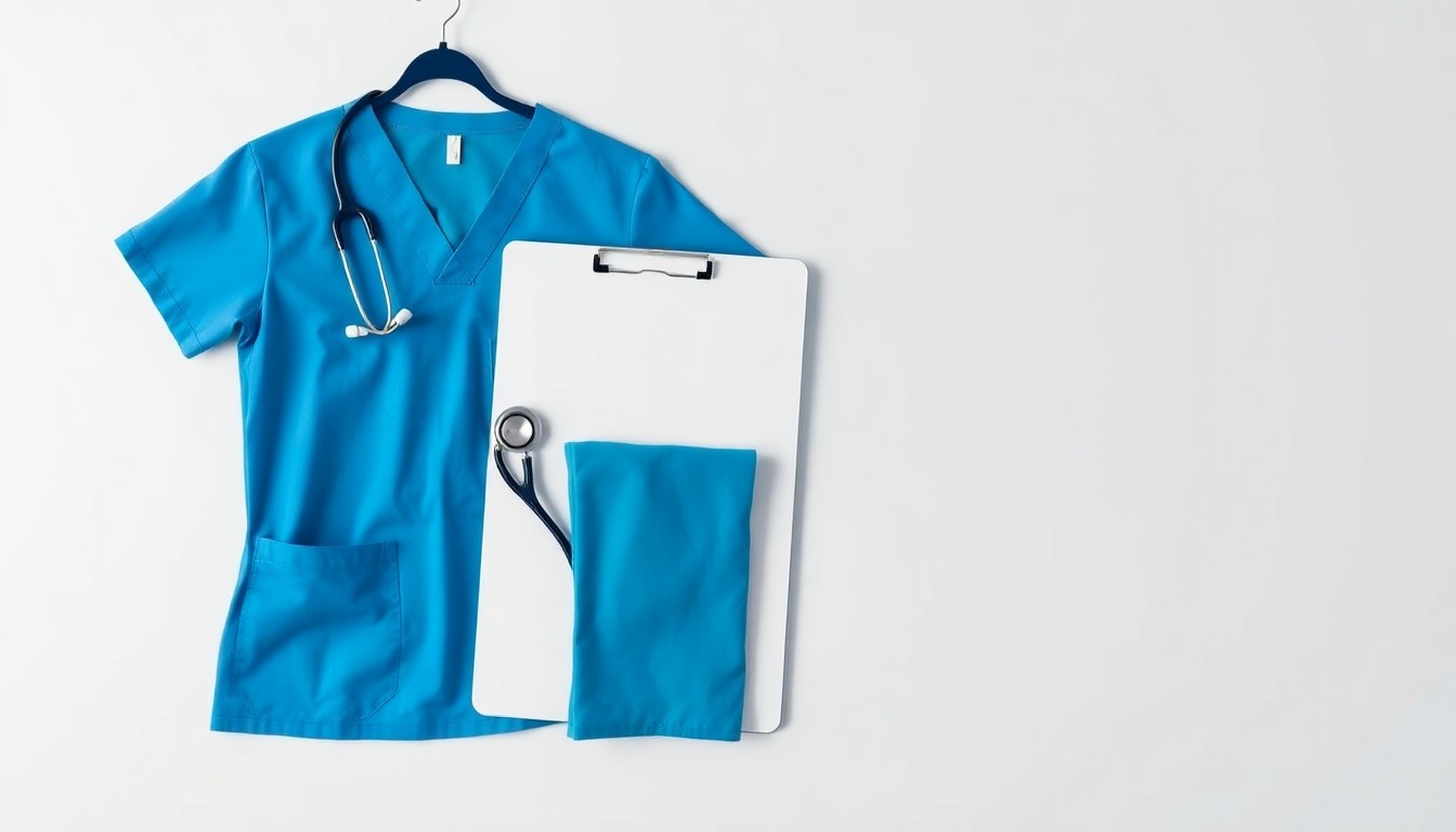 A minimalist studio still life photograph featuring medical equipment and scrubs arranged in a clean, elegant composition with dramatic lighting, representing the strategic leadership and operational transformation of a healthcare organization.